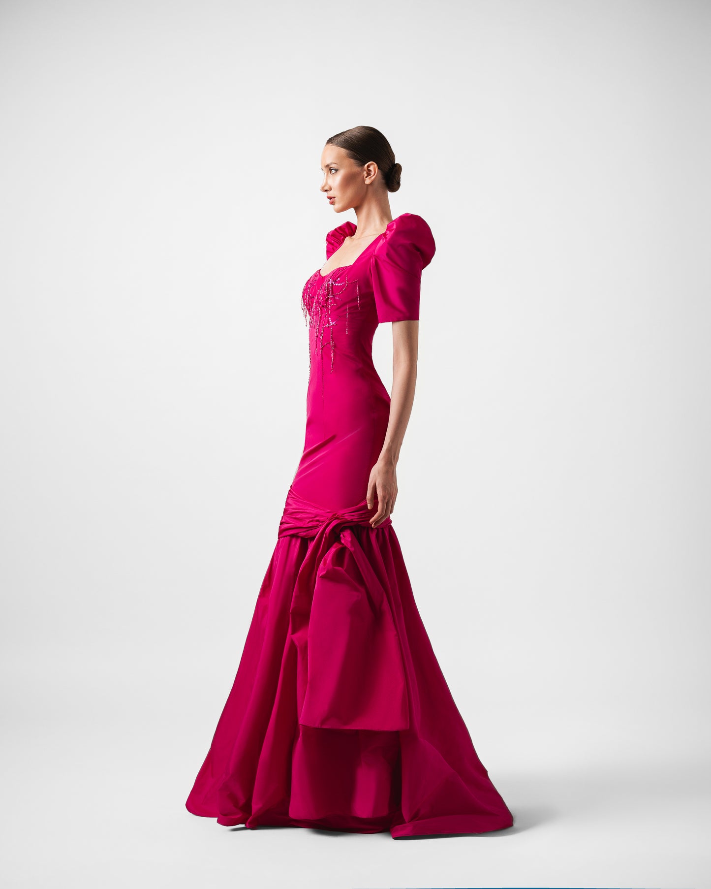 ESTELLE HAND BEADED PUFF SLEEVES LONG GOWN