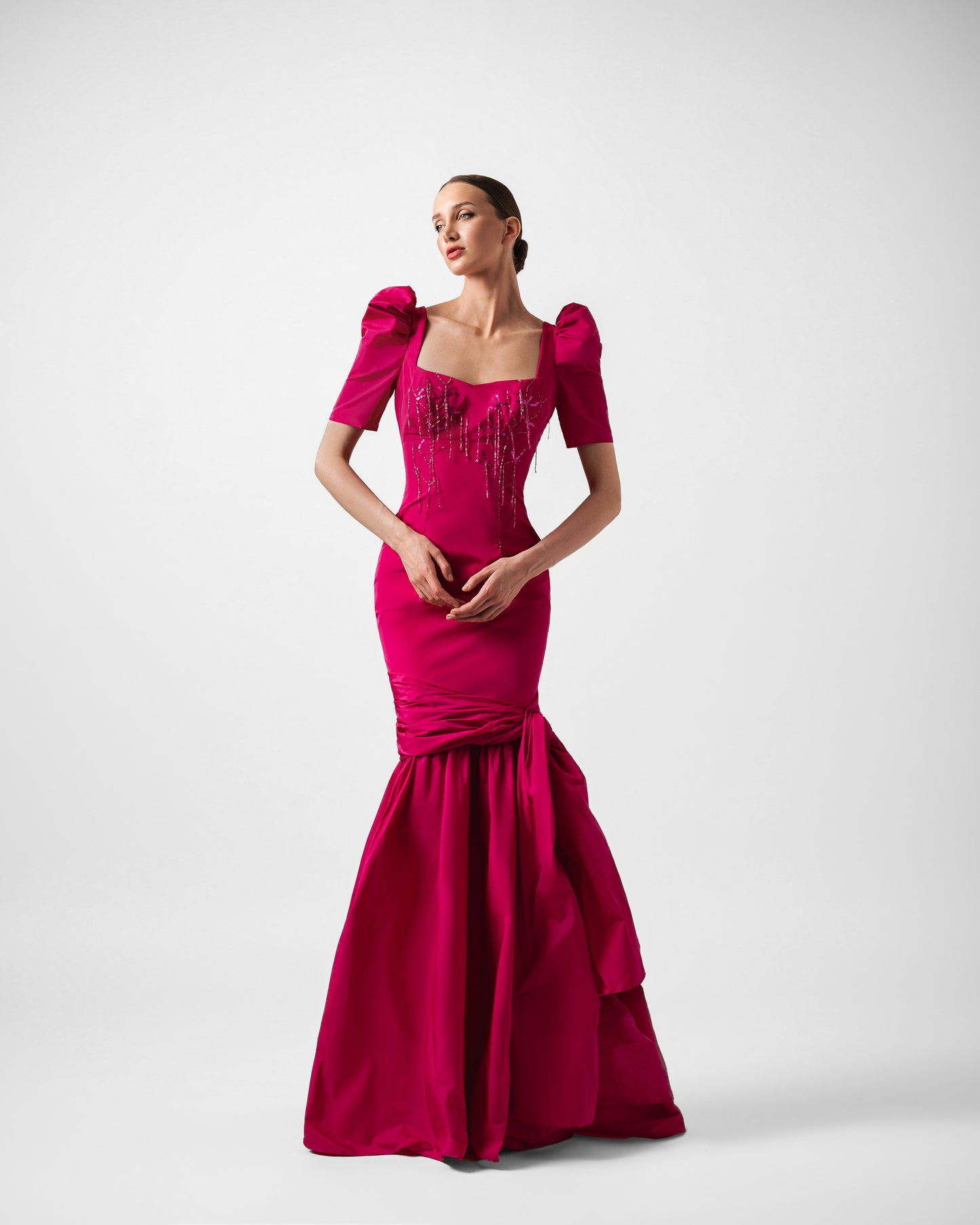 ESTELLE HAND BEADED PUFF SLEEVES LONG GOWN