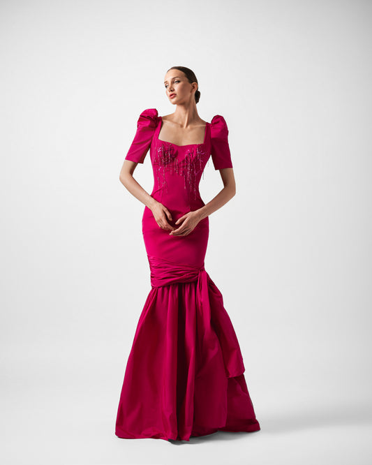 ESTELLE HAND BEADED PUFF SLEEVES LONG GOWN