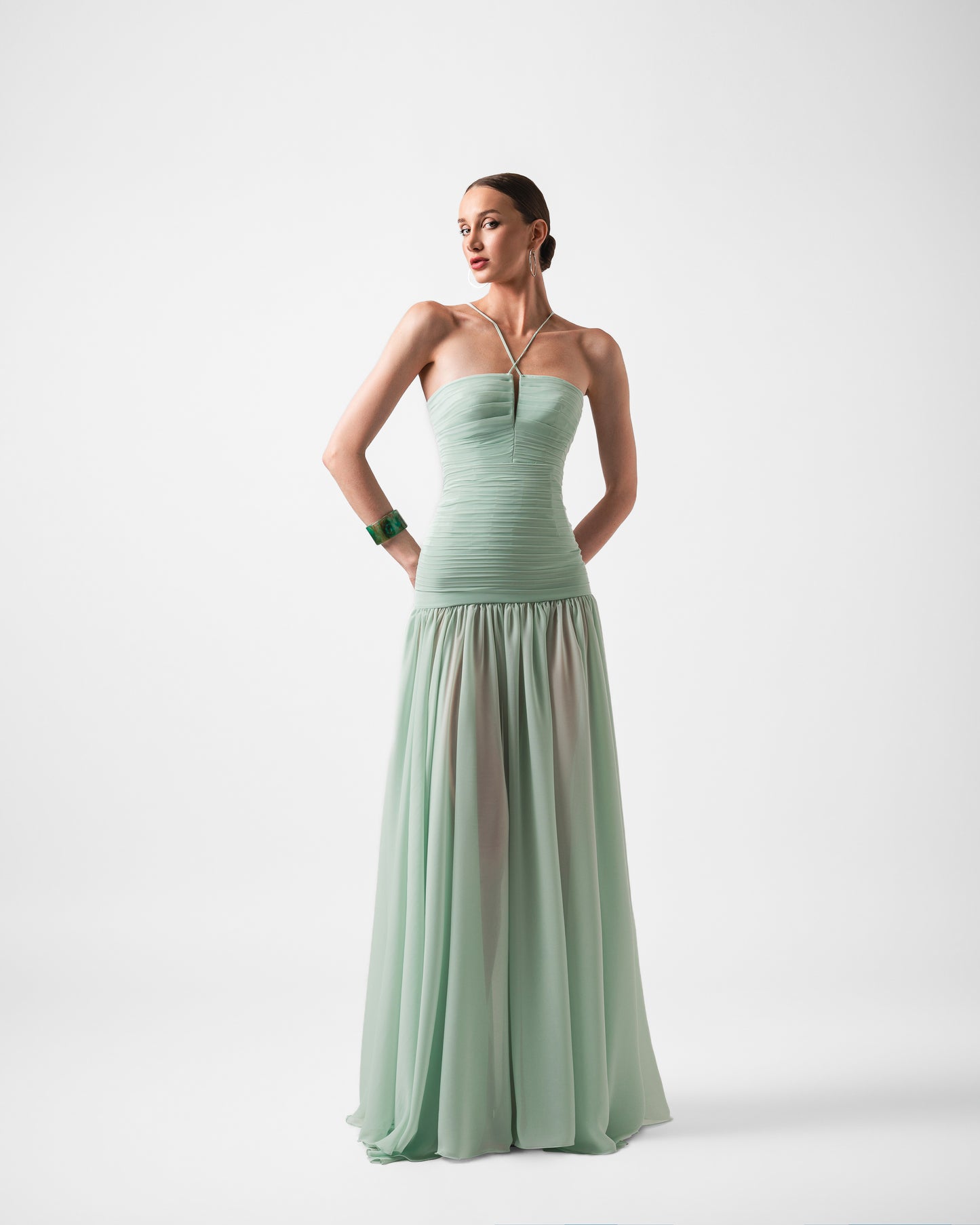 TESSA MIST GREEN DRAPED FLOWEY GOWN