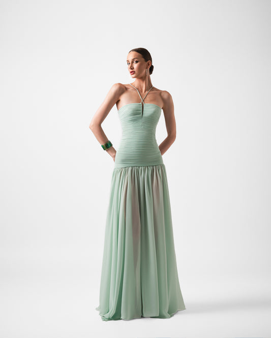 TESSA MIST GREEN DRAPED FLOWEY GOWN