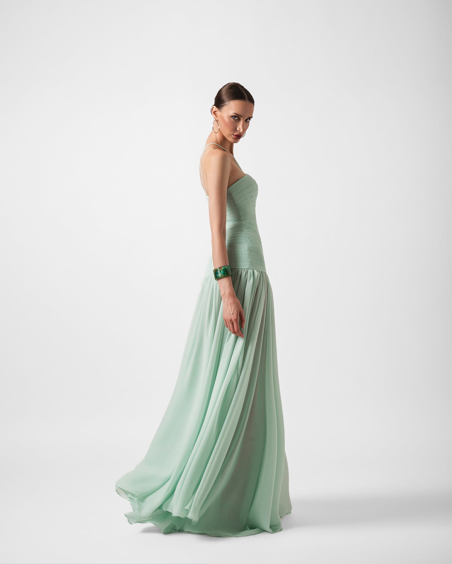 TESSA MIST GREEN DRAPED FLOWEY GOWN